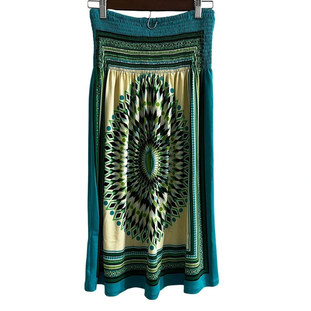 Bailey Blue Womens Teal Green Medallion‎ Smocked Strapless Tube Dress Midi M